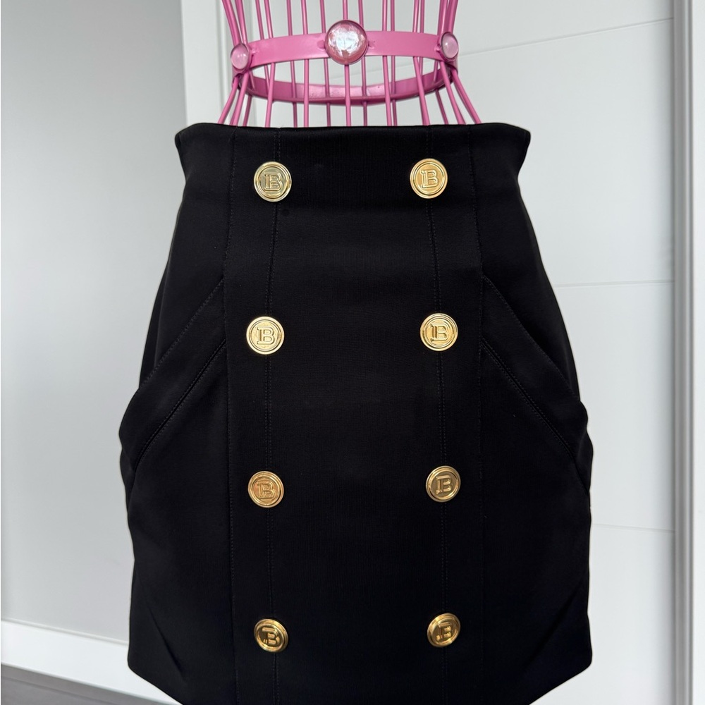 Balmain Black Pencil Skirt with Gold Emblem Buttons